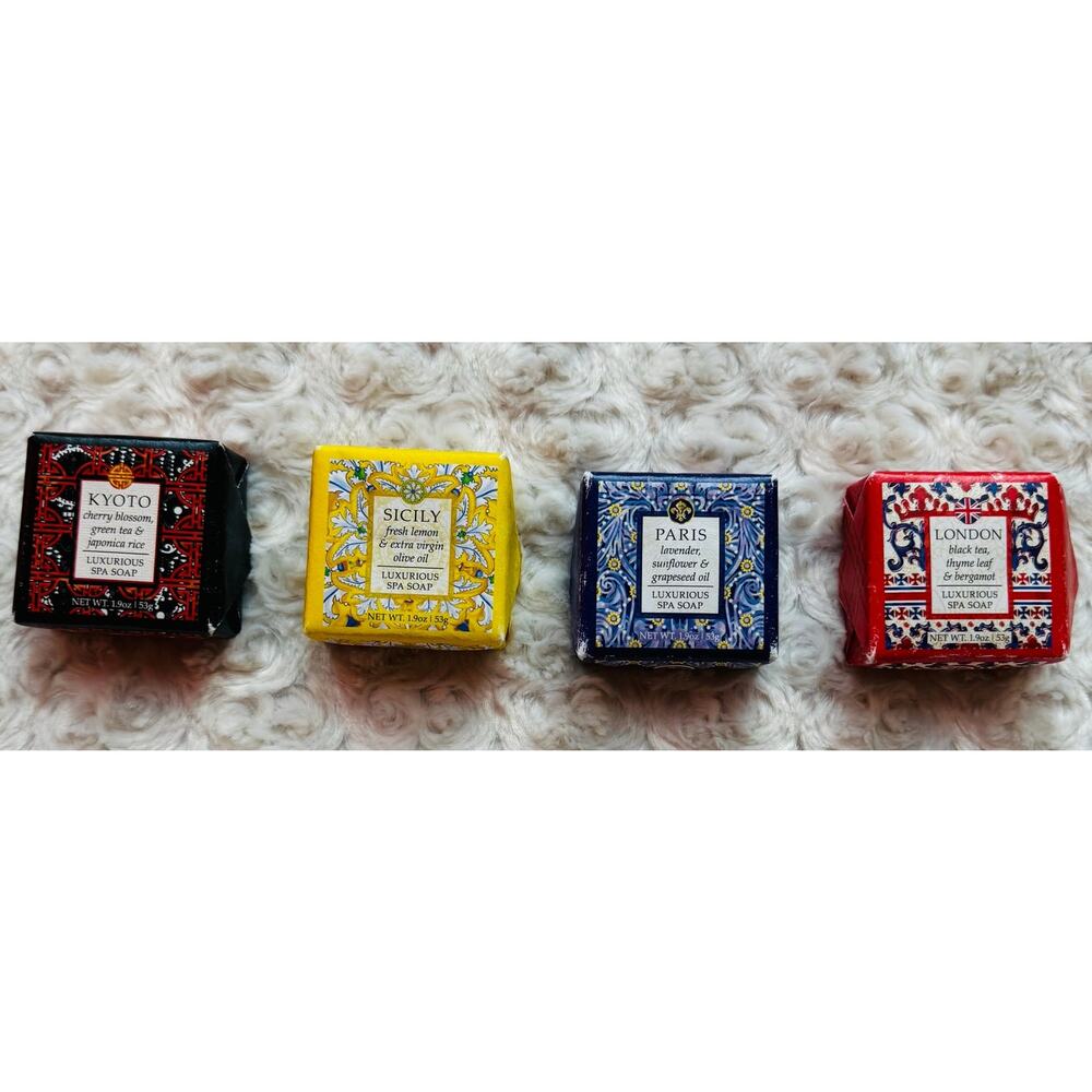 Greenwich Bay Shea Butter Destination Spa Soaps Set of 4 Sicily Paris London NEW